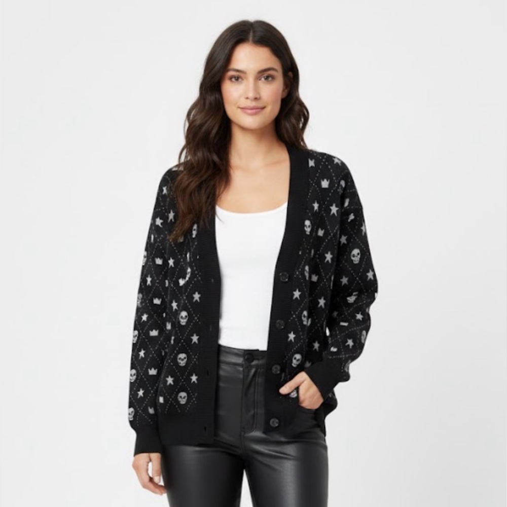 Minnie Rose Skull Star Crown Merino Wool V-neck Cardigan Black Gray Size Medium